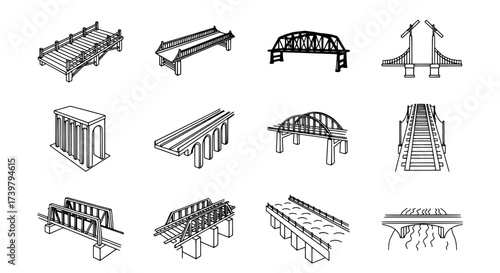 Collection of bridge designs in black and white line art