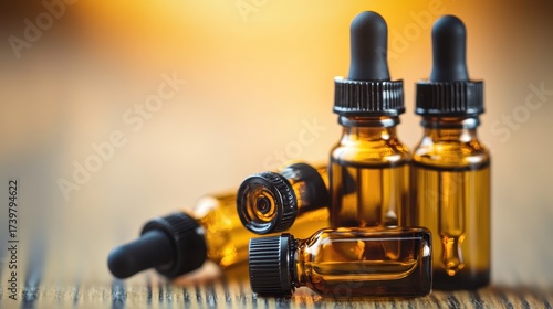 Small amber glass bottles with droppers in a beauty stack