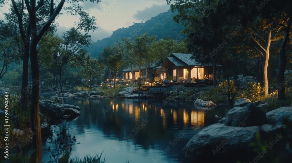 Obraz premium Tranquil scene of a retreat cabin beside a reflective lake