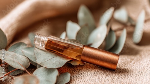 Small amber perfume bottle on leaves with a brushed cap