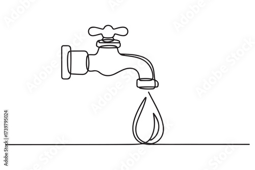 Continuous one line drawing of water faucet. Single line drawing illustration of tap water. one line Icon drawing with white background