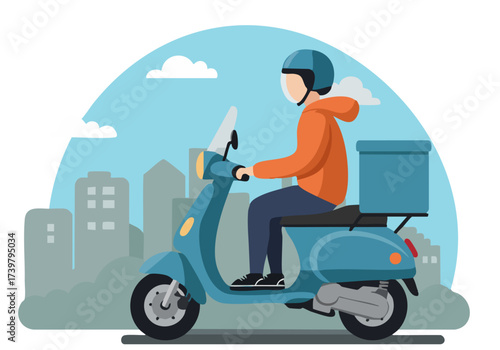 A delivery rider on an electric scooter transports a package, promoting eco-friendly urban transport. Modern, vibrant illustration with a city backdrop.