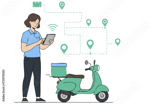 A delivery rider optimizes routes using a tablet and scooter. Modern illustration showcasing efficient logistics and mobile technology. Bright, clean design.