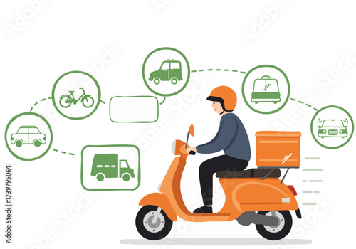 A delivery rider on an orange scooter showcases a sustainable urban transport system. Icons depict electric vehicles and zero emission concepts. Modern, clean design.