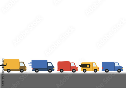 Delivery trucks line up, showcasing a backup delivery system. A modern, flat design with vibrant colors and a clear composition. Ideal for business and logistics themes.