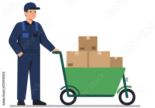 A delivery worker pushes a green cart filled with boxes. He wears a uniform and cap, conveying efficiency and reliability. Clean, modern illustration.