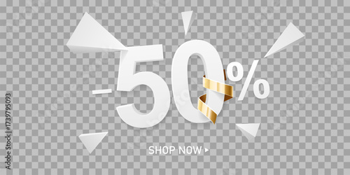 50 percent off discount sale background. White 3D number with percent sign and golden ribbon, isolated on transparent background.