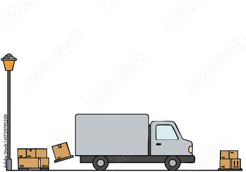 A stylized delivery truck maneuvers with boxes, set against a simple urban backdrop. Clean lines and a minimalist design create a modern, graphic illustration. Suitable for commercial use.