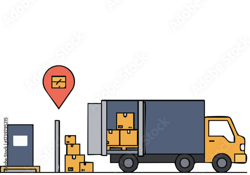 stylized illustration depicts a delivery truck approaching with a map marker Clean lines and a muted color palette create a modern minimalist aesthetic Perfect for logistics and technology themes