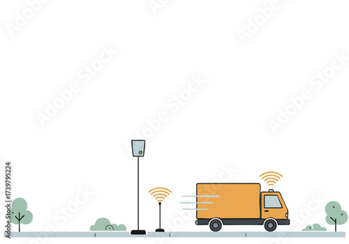 A stylized illustration depicts smart delivery with a truck and wireless signal towers. Modern, clean design for business and logistics visuals.