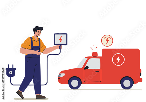 A technician tests an electric ambulance, showcasing sustainable energy. Bright, modern illustration with a focus on green technology and a professional setting.