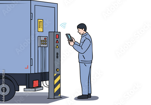 A technician monitors a mobile testing station with a smartphone. Clean lines, modern design, and a focus on connectivity. Suitable for technology and industrial themes.