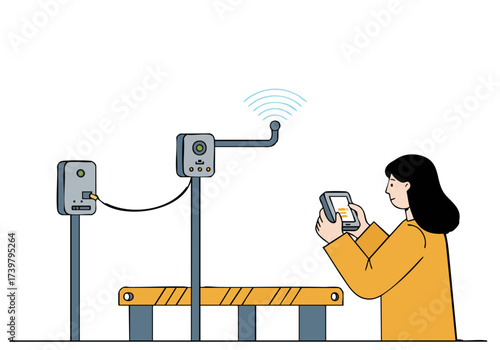 A woman sets up a smart access system using a tablet. Modern illustration showcasing technology and connectivity. Clean, minimalist design.
