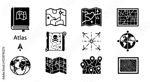 Collection of Black and White Map and Atlas Icons