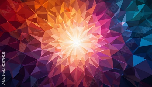Abstract polygonal geometric pattern with radiant center light effect and vibrant color gradients
