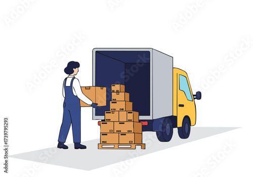 A worker loads boxes onto a truck, maintaining a balanced load. Clean, modern illustration style. Focus on logistics and efficiency.