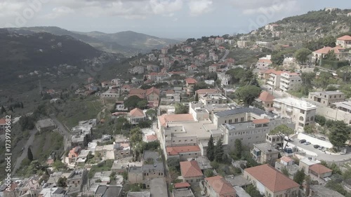 Aerial view of the historic main square in Deir el Qamar, Lebanon, surrounded by traditional stone buildings, houses, and cultural landmarks. 