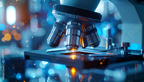 Illuminating Science: An up-close look at a high-powered microscope with its intricate lens system, highlighting the precision instruments used in the scientific study of microscopic details. 