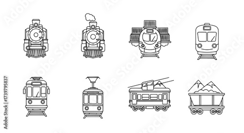 Collection of Train Icons Steam Engine, Electric Train, and Tram