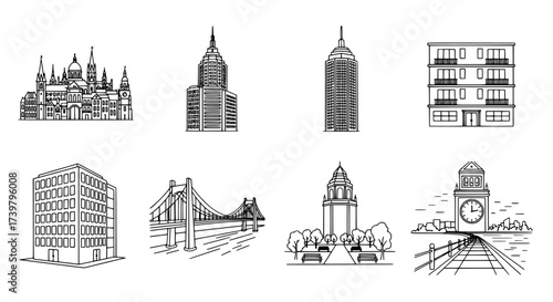 Architecture Line Art Collection Buildings, Bridges, and Monuments