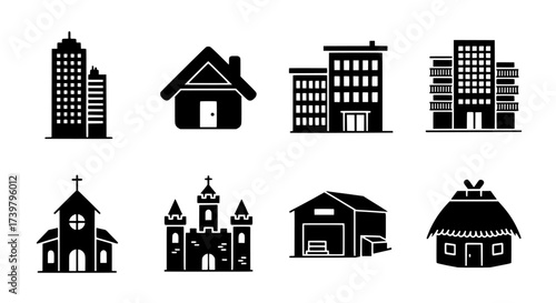 Building Icons Diverse Architectural Structures Silhouette Collection