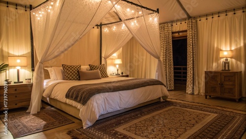 Luxury Glamping Tent Interior with Canopy Bed and String Lights
Romantic Elegant Bedroom Setting with Warm Night Lighting
Intimate Hotel Suite Interior Design for Honeymoon or Vacation