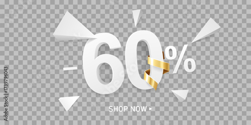 60 Percent off discount sale background. White 3D number with percent sign and golden ribbon, isolated on transparent background.