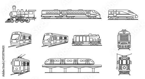 Diverse Train Collection Line Art Illustration Featuring a Variety of Railway Vehicles