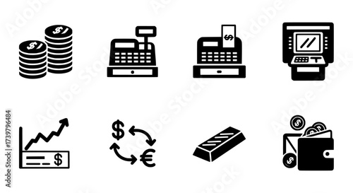 Finance and Investment Icons Money, Charts, and Transactions