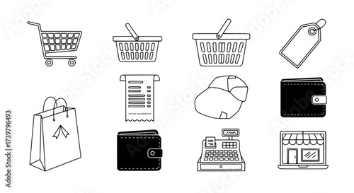 Shopping Icons Cart, Basket, Tag, Receipt, Bag, Wallet and Store
