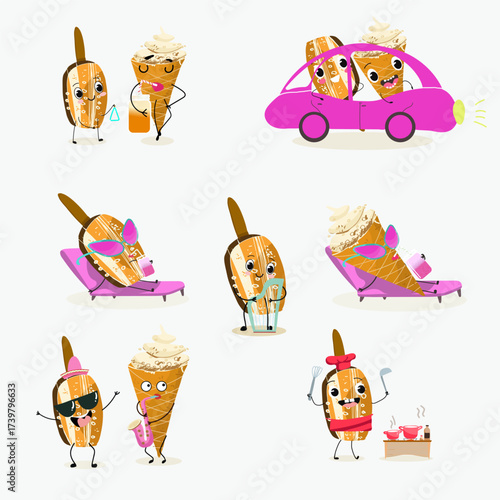 Tasty ice creams, ice-cream cones and popsicle, funny characters, hand drawn vector illustration.