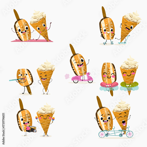 Tasty ice creams, ice-cream cones and popsicle, funny characters, hand drawn vector illustration.
