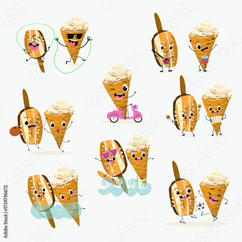 Tasty ice creams, ice-cream cones and popsicle, funny characters, hand drawn vector illustration.