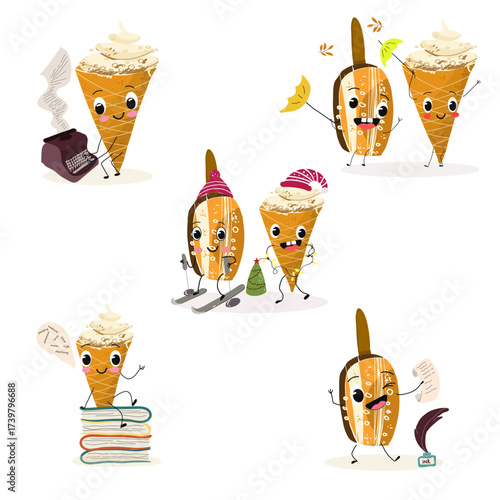Tasty ice creams, ice-cream cones and popsicle, funny characters, hand drawn vector illustration.