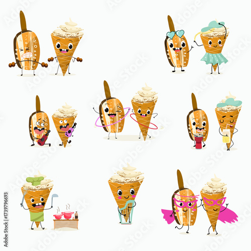 Tasty ice creams, ice-cream cones and popsicle, funny characters, hand drawn vector illustration.