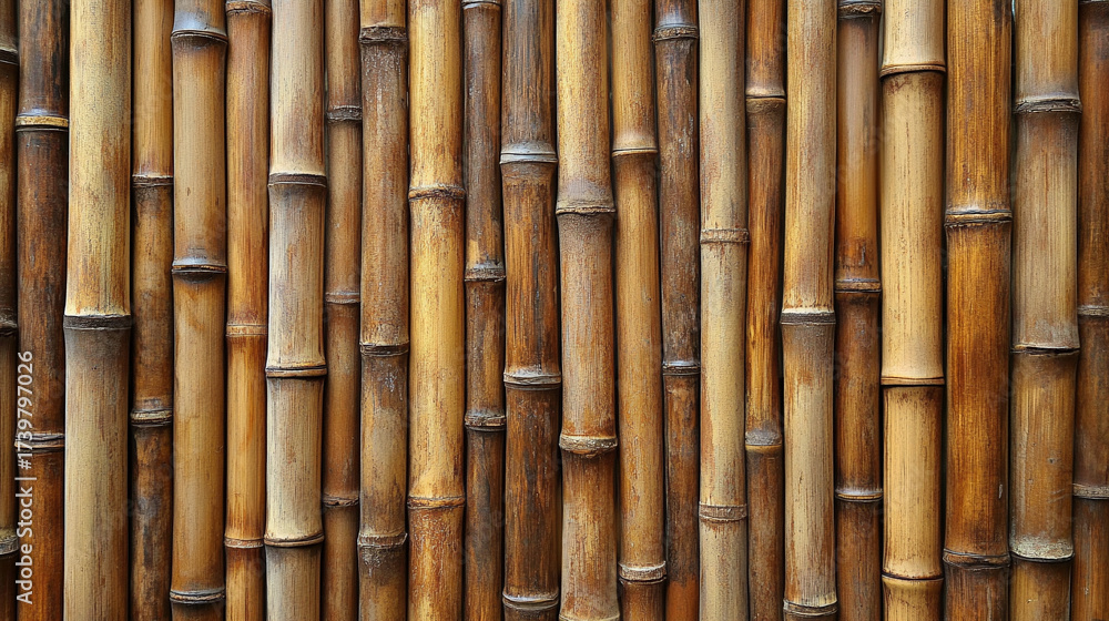 Fototapeta premium Wall made of natural bamboo stems arranged in vertical alignment, symbolizing strength, sustainability, resilience, harmony with nature, and eco-friendly design.