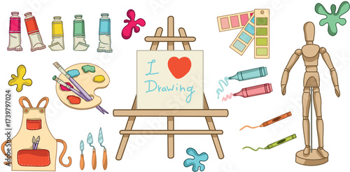 A bright vector set of art stickers. Canvas, paints, brushes, and more. Creative hobbies, art material, office work. I like to draw