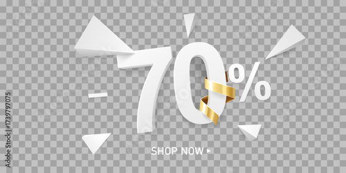 70 Percent off discount sale background. White 3D number with percent sign and golden ribbon, isolated on transparent background.