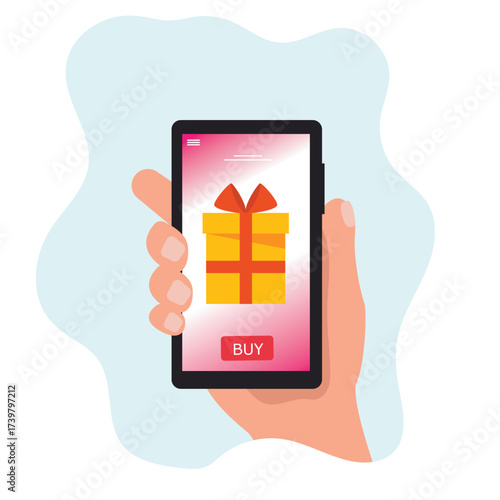 Hand holds the smartphone with birthday gift box on the screen. Concept using online shopping app. vector illustration