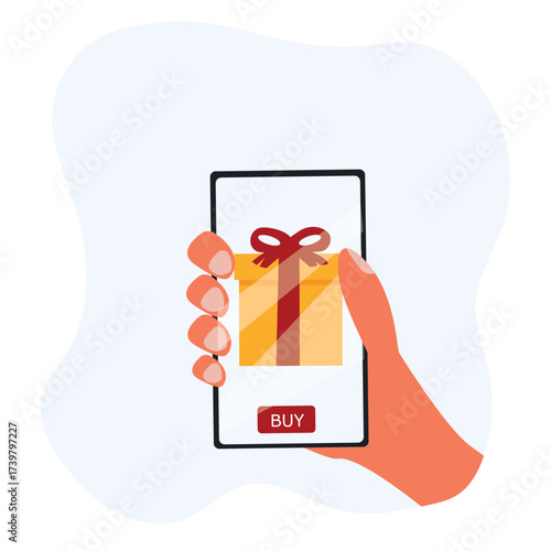 Hand holds the smartphone with birthday gift box on the screen. Concept using online shopping app. vector illustration