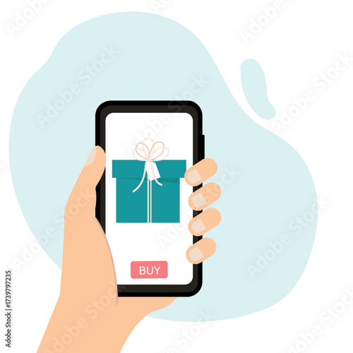 Hand holds the smartphone with birthday gift box on the screen. Concept using online shopping app. vector illustration