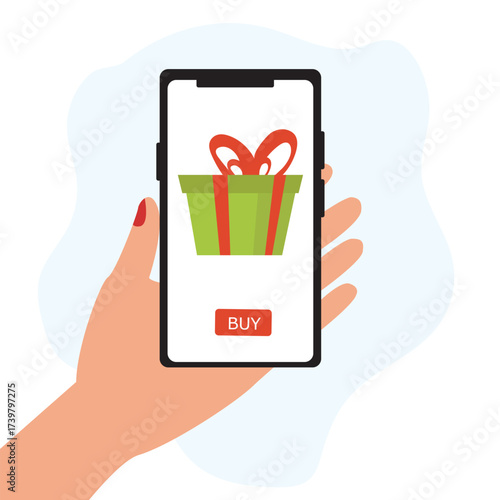 Hand holds the smartphone with birthday gift box on the screen. Concept using online shopping app. vector illustration
