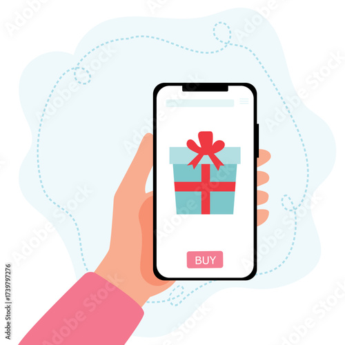 Hand holds the smartphone with birthday gift box on the screen. Concept using online shopping app. vector illustration