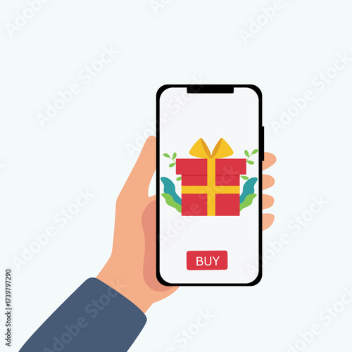 Hand holds the smartphone with birthday gift box on the screen. Concept using online shopping app. vector illustration
