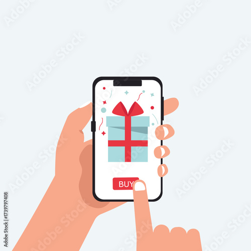 Hand holds the smartphone with birthday gift box on the screen. Concept using online shopping app. vector illustration