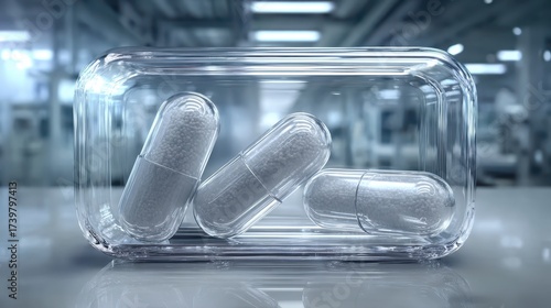 Transparent plastic container holding gelatin capsules indoors