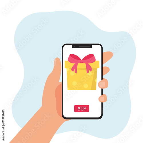 Hand holds the smartphone with birthday gift box on the screen. Concept using online shopping app. vector illustration
