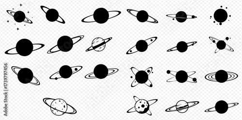 A collection of black and white planet icons with rings and celestial elements, depicting various cosmic bodies in different styles.