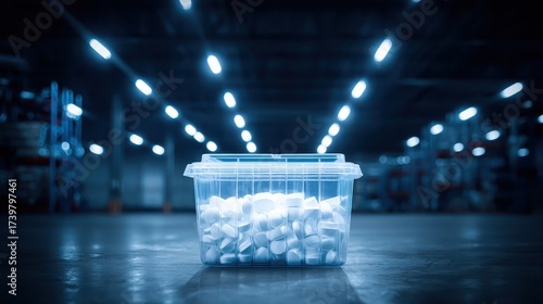 Transparent plastic container holding white pills in a warehouse