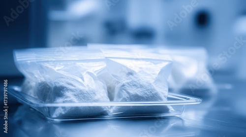 Transparent plastic sachets filled with white powdered substance